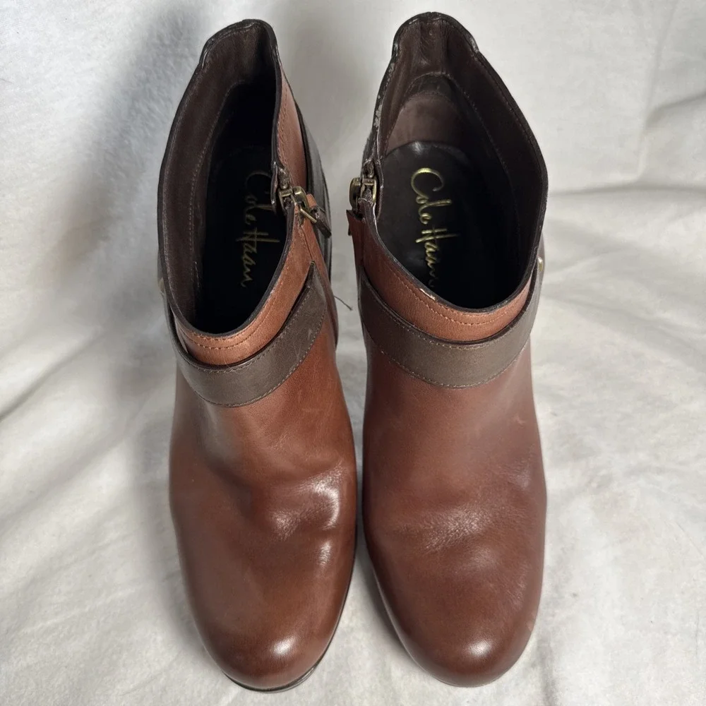 Cole Haan Ankle Boots High Heel Booties 2 Tone Brown Leather Side Zip Buckle 7.5